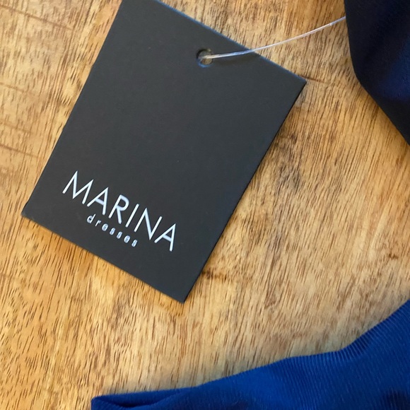 MARINA DRESSES navy blue jumpsuit embellished rhinestones halter belt - Picture 10 of 10